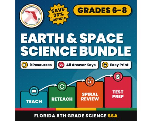 Cover: Earth and Space Science Bundle, Florida 8th Grade Science Test Review Worksheets, Grades 6-8, Printable Middle School Science