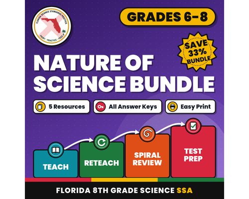 Cover: Nature of Science Bundle, Florida 8th Grade Science Test Review Worksheets, Grades 6-8, Printable Middle School Science, 5 Knowledge Checks