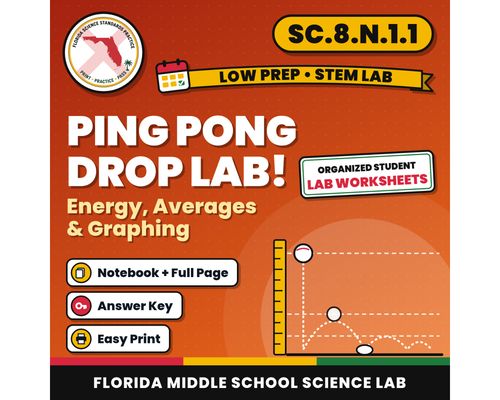 Cover: Ping Pong Drop Lab, Energy, Averages and Graphing, Low Prep STEM Lab Worksheets, Florida 8th Grade Science, Middle School Printable