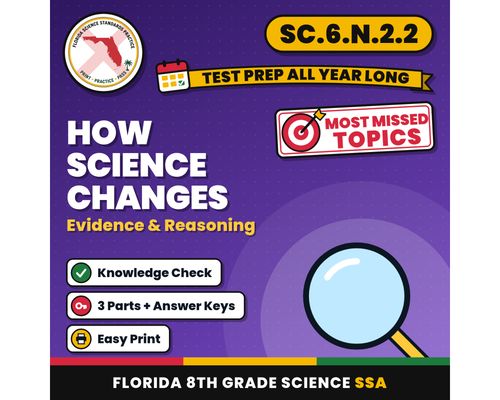 Cover: How Science Changes Evidence and Reasoning Worksheets, Florida 8th Grade Science Test Review, SC.6.N.2.2 SC.7.N.1.6