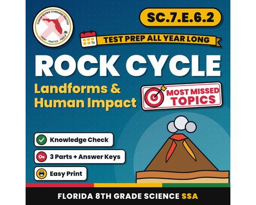 Cover: Rock Cycle Landforms and Human Impact Worksheets, Florida 8th Grade Science Test Review, SC.7.E.6.2 SC.6.E.6.1