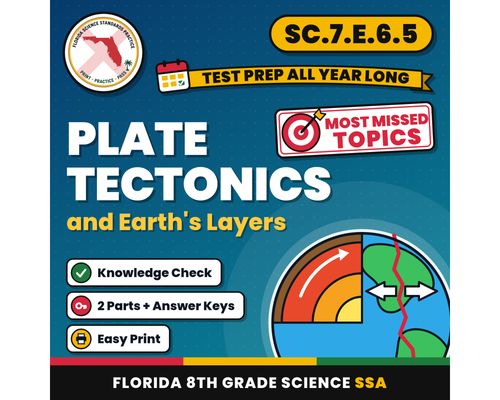Cover: Plate Tectonics and Earth’s Layers Worksheets, Florida 8th Grade Science Test Review, SC.7.E.6.5 SC.7.E.6.1, Printable Middle School Science