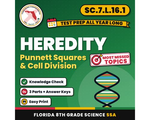 Cover: Heredity Punnett Squares and Cell Division Worksheets, Florida 8th Grade Science Test Review, SC.7.L.16.1 SC.7.L.16.2