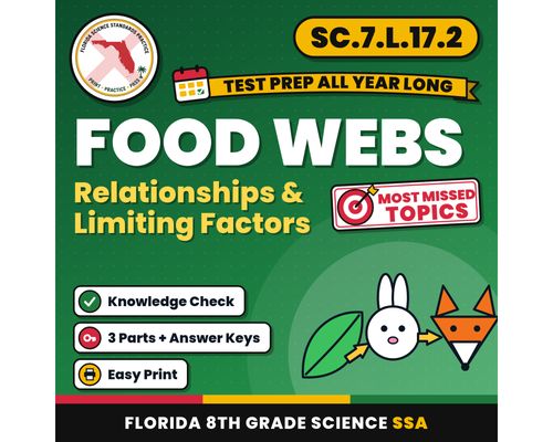 Cover: Food Webs Relationships and Limiting Factors Worksheets, Florida 8th Grade Science Test Review, SC.7.L.17.2 SC.7.L.17.1