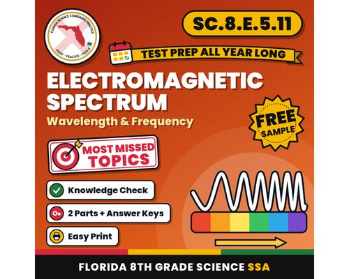 Cover: Electromagnetic Spectrum Wavelength and Frequency Worksheets, Florida 8th Grade Science Test Review, SC.8.E.5.11 SC.7.P.10.1